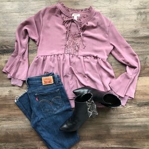 Flowy Lilac Long Sleeve Bell Sleeve Blouse